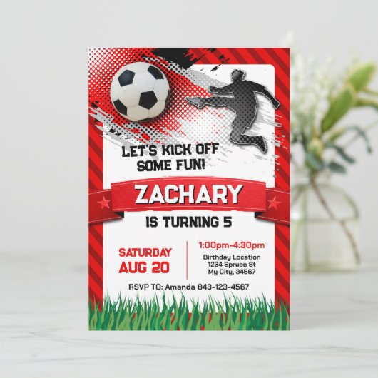 サッカー誕生日招待状赤 招待状 (スタンド正面)