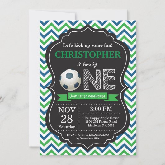 サッカー誕生日招待状1歳の誕生日パーティー 招待状 (正面)