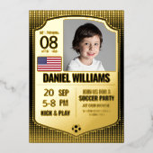 サッカー誕生日招待状、サッカーシールド金ゴールド 箔招待状 (正面)