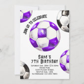 サッカー誕生日招待状 – パープルサッカーパーティー 招待状 (正面)