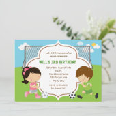 サッカー誕生日招待状(男の子と女の子)とゴール 招待状 (スタンド正面)