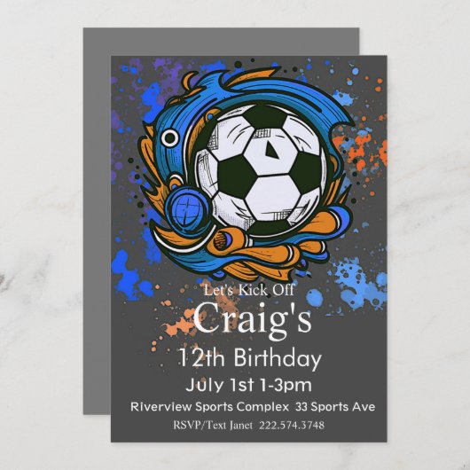 サッカー誕生日、サッカー誕生日、フンボール 招待状 (正面/裏面)