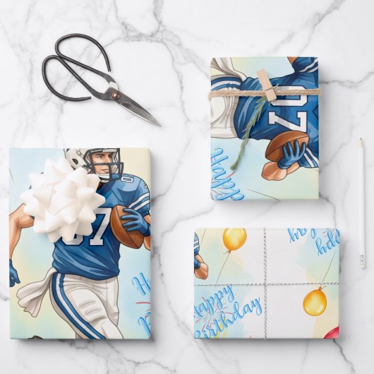 サッカー誕生日、バルーン、花火、おもしろい ラッピングペーパーシート (正面)