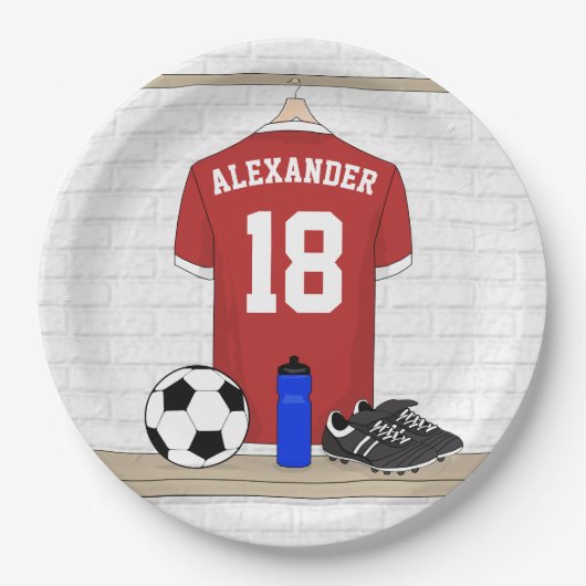 サッカー赤と白ジャージー ペーパープレート (正面)