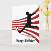 サッカー赤と白選手ハッピーバースデー カード (黄色い花)