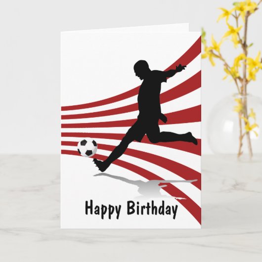 サッカー赤と白選手ハッピーバースデー カード (黄色い花)