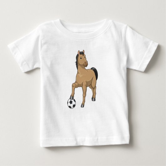 サッカー選手としてプレーする馬とサッカー ベビーTシャツ (正面)