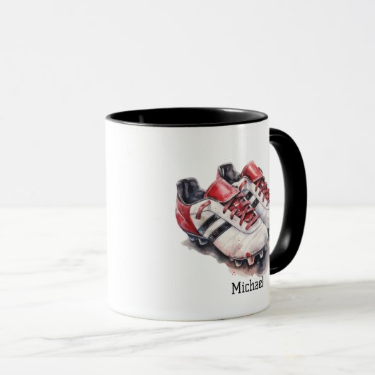 サッカー選手のコーチシューズ現実的な名前/イニシャル マグカップ (正面右)