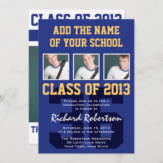 サッカー選手のスポーツ卒業式統一番号 招待状 (正面/裏面)