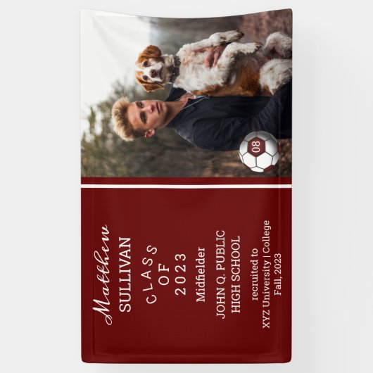 サッカー選手の写真，濃い赤の卒業旗 横断幕 (縦)