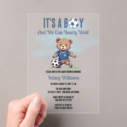 サッカー選手の赤ちゃんシャワーを心待ちにしている男の子だ アクリル招待状 (インサイチュ (ポータブル))