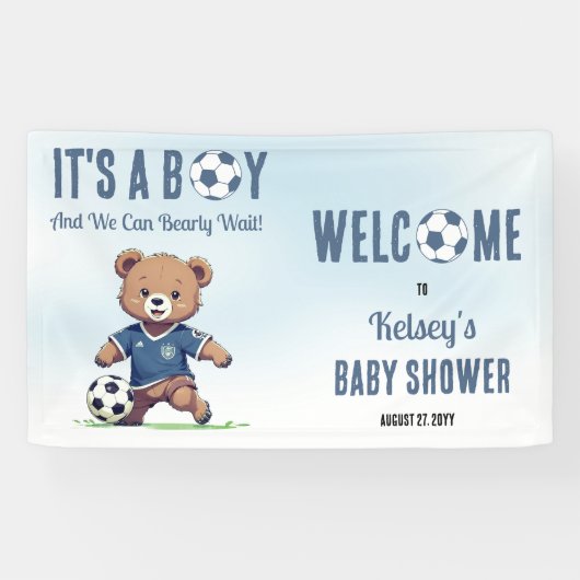 サッカー選手の赤ちゃんシャワーを心待ちにしている男の子だ 横断幕 (横)