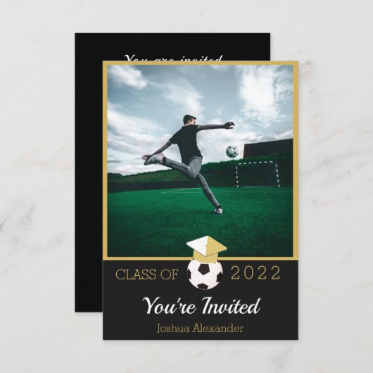サッカー選手モダンの写真卒業の招待状 サンキューカード (正面/裏面)