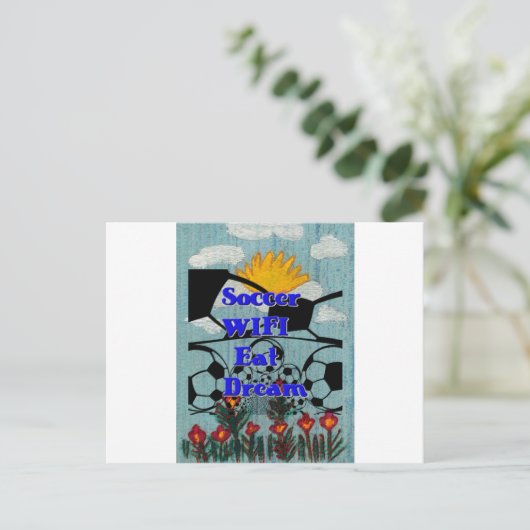 サッカー食べWIFIドリーム – おもしろいスポーツアートプリント ポストカード (スタンド正面)