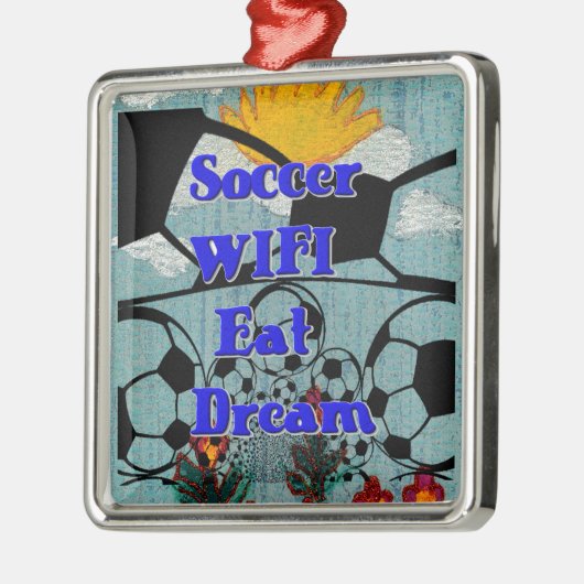 サッカー食べWIFIドリーム – おもしろいスポーツアートプリント メタルオーナメント (左)