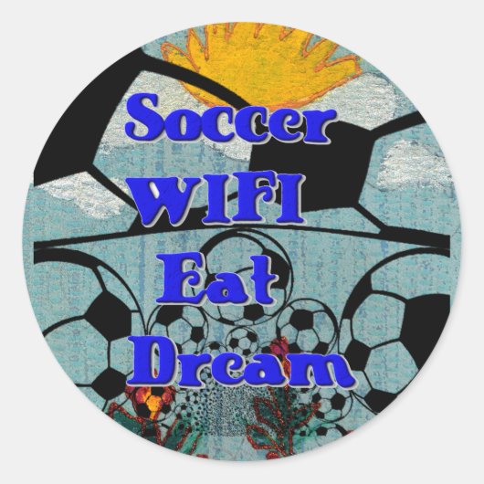 サッカー食べWIFIドリーム – おもしろいスポーツアートプリント ラウンドシール (正面)