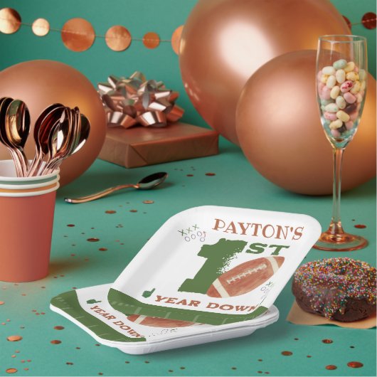 サッカー1年目のダウンサッカーBIrthdayパーティー ペーパープレート (複数)