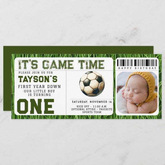サッカー1年目を終える1歳の誕生日チケット写真 招待状 (正面/裏面)