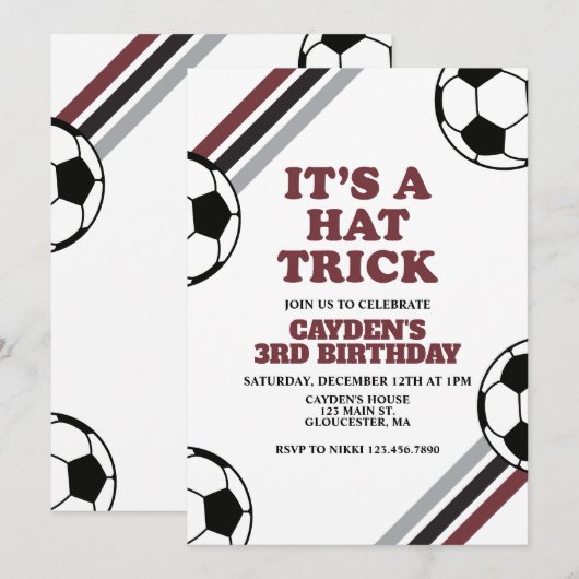 サッカー ハットトリック 3歳の誕生日 招待状 (正面/裏面)