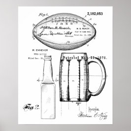 サッカー&ビールマグ、ボトル、特許の青写真 ポスター