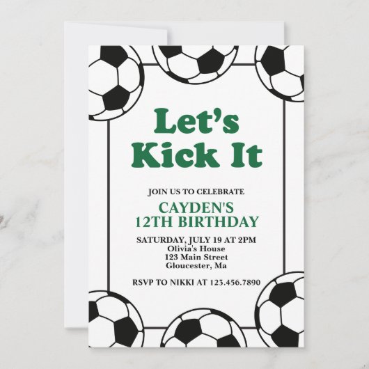 サッカー ブラック グリーン 誕生日 招待状 (正面)