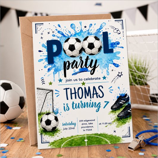 サッカー プールパーティー 誕生日招待状 テンプレート