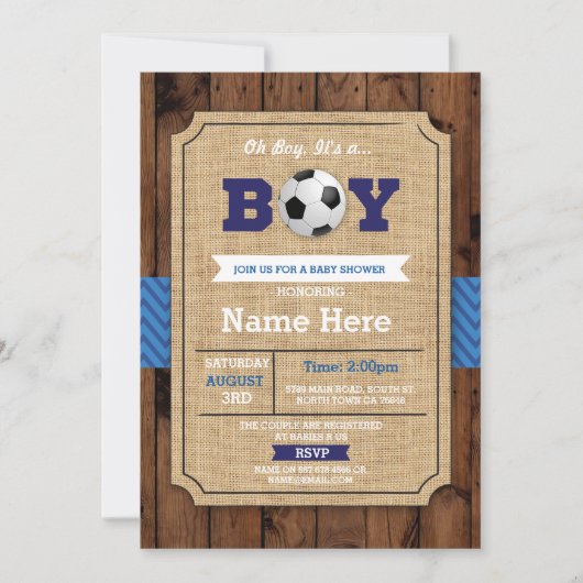 サッカー ベイビー シャワー 男の子 青い木 サッカー 招待状 (正面)