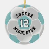サッカー⚽ボール入りティール(緑がかった色)と白 セラミックオーナメント (正面)