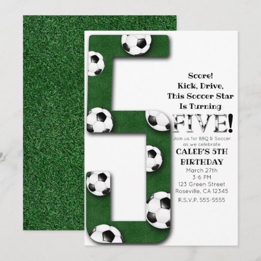 サッカー ボール 5歳 誕生日 パーティー 招待状 (正面/裏面)