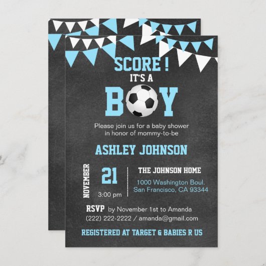 サッカー、男の子にシャワー、黒板青い男の子 招待状 (正面/裏面)