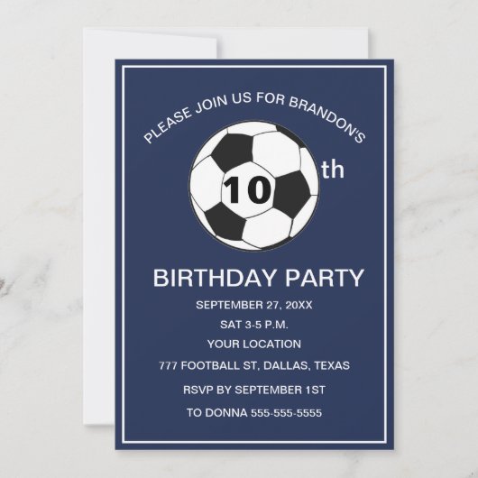 サッカー 10歳の誕生日パーティー ネイビーブルー 男の子 スポーツ 招待状 (正面)