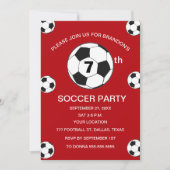 サッカー 7歳の誕生日パーティー 赤 男の子 スポーツ 招待状 (正面)
