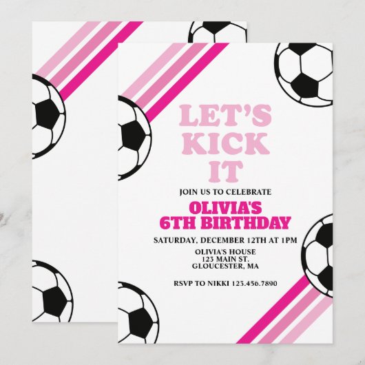 サッカー Let's Kick It ピンクストライプ 誕生日 招待状 (正面/裏面)