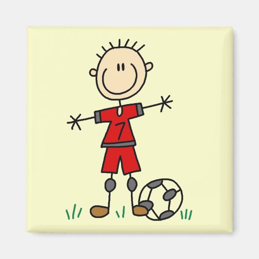 サッカーTシャツとギフトの赤い男の子 マグネット (正面)