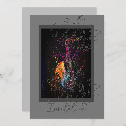 サックスのスプラッシュと音楽ノート 招待状 (正面/裏面)