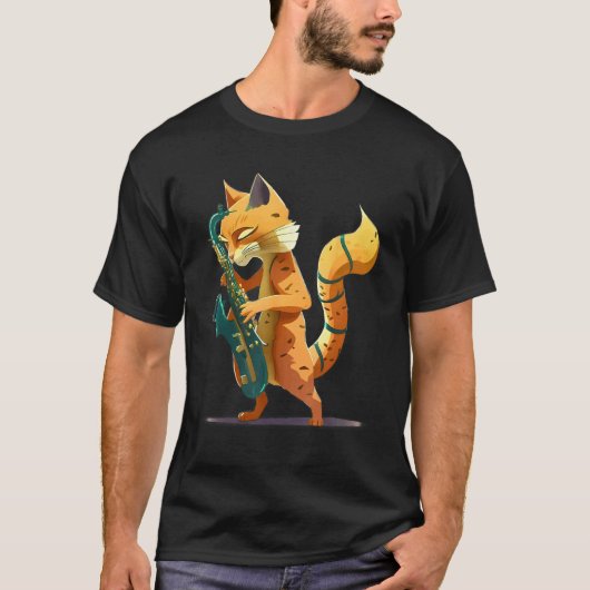 サックスを演奏する猫 Tシャツ (正面)