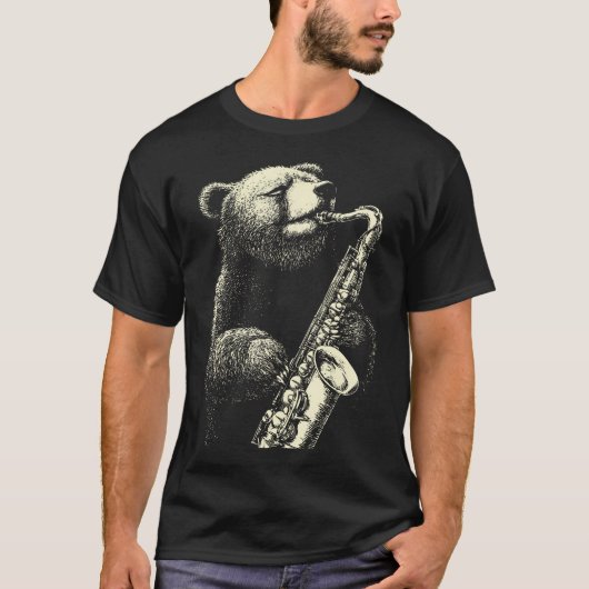 サックスを演奏する面白いクマのジャズミュージシャン Tシャツ (正面)