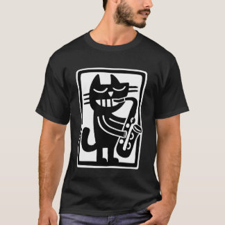 サックスを演奏する黒猫 ジャズミュージック レトロアート Tシャツ