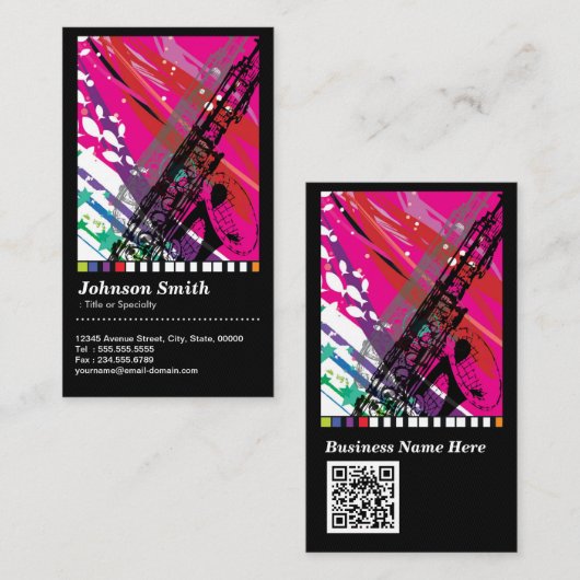 サックスカッコいいプレイヤー – 抽象芸術スケッチ- QRコード 名刺 (正面/裏面)