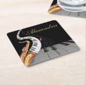 サックスパーソナライズされたブラック金ゴールド スクエアペーパーコースター (アングル)
