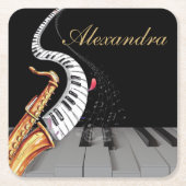 サックスパーソナライズされたブラック金ゴールド スクエアペーパーコースター (正面)