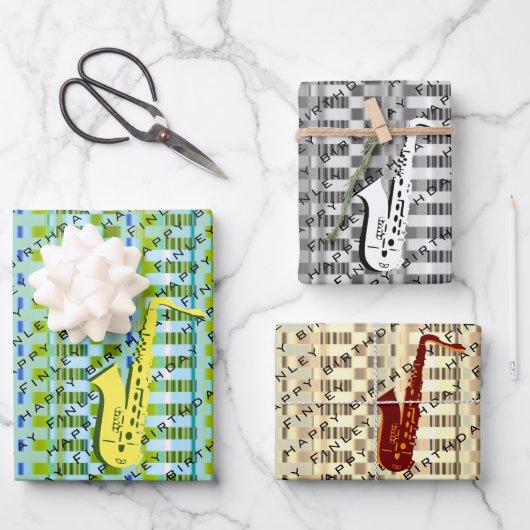 サックスモダンパーソナライズされたサックス名誕生日 ラッピングペーパーシート (正面)