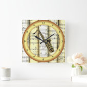 サックス転が～シート音楽～金ゴールドリングや輪～ * ～ スクエア壁時計 (ホーム)