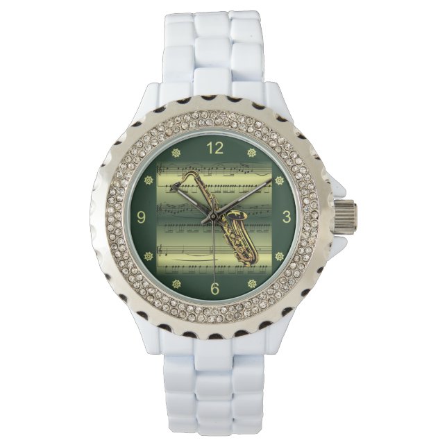 サックス転が～シート音楽～金ゴールド/緑バックグラウンド 腕時計 (正面)