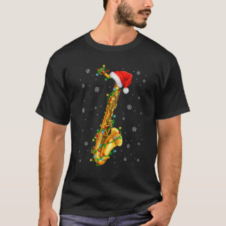 サックス音楽クリスマスライツサンタハットクリスマ Tシャツ