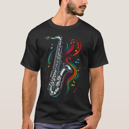 サックス - ジャズミュージックノート Tシャツ (正面)