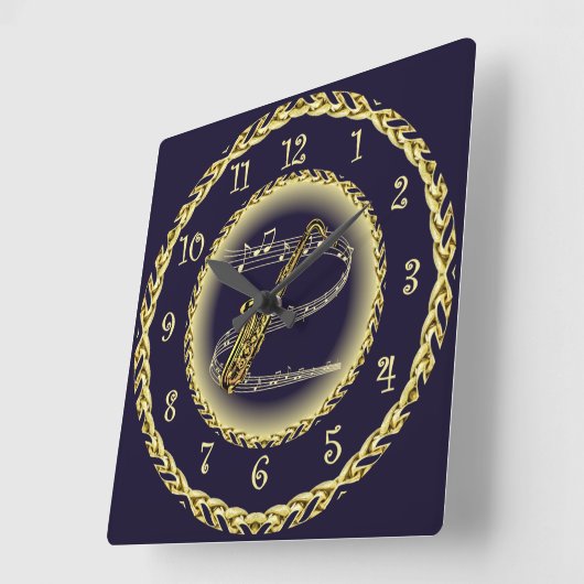 サックス~ミュージカル巻物~金ゴールド/ネイビーブルー~ スクエア壁時計 (傾斜)