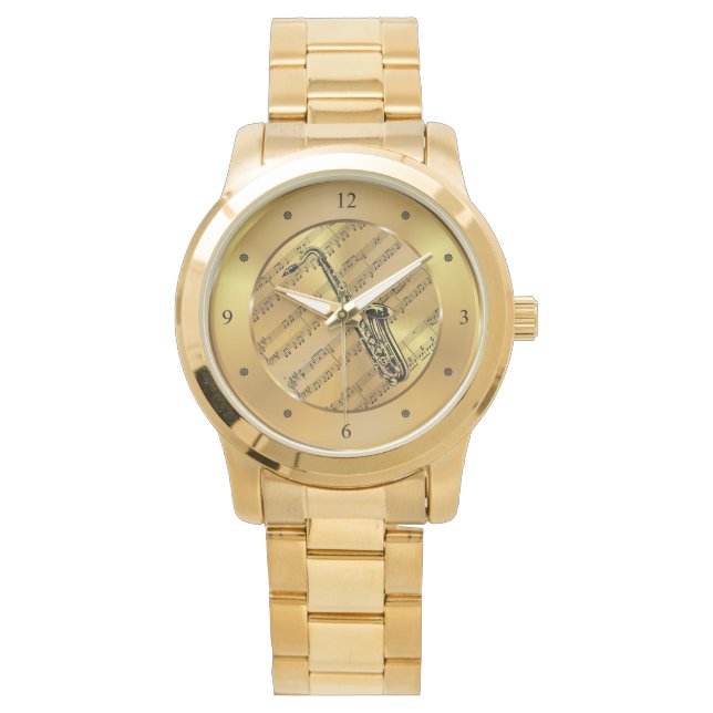 サックス～楽譜～金ゴールド背景ユニーク～ 腕時計 (正面)