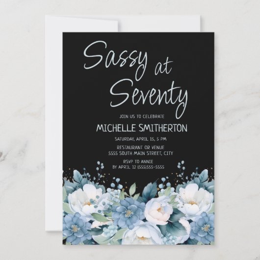 サッシアットダスティブルーホワイトフローラブラック誕生日 招待状 (正面)