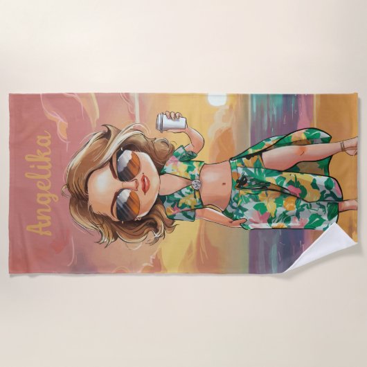 サッシサマーレディパーソナライズされたー名 ビーチタオル (正面)